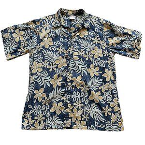 Go Barefoot Blue Floral Hawaiian Shirt Men Size L Made In USA Cotton Button Up